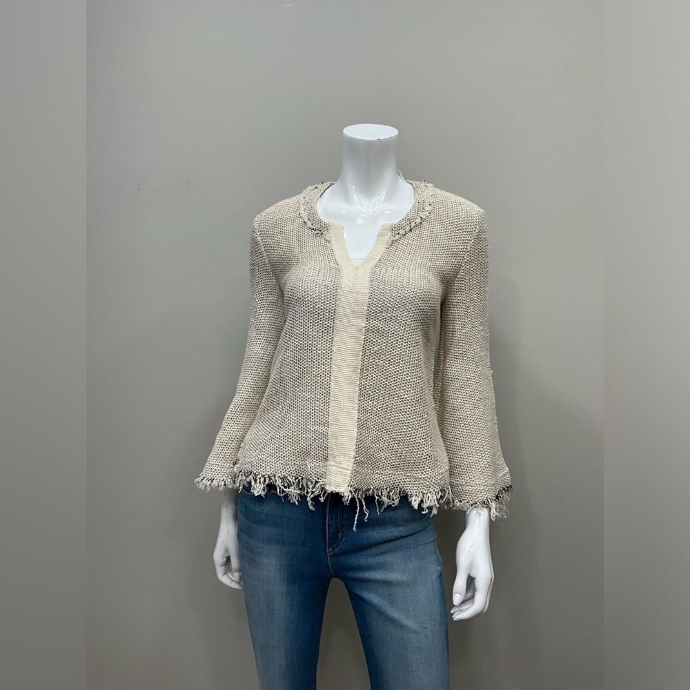 IRO Koltone V Neck Elegant Cream Raw Edge Fringe Women's Sweater Top 34